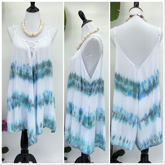 Kau wela Summer Mini Romper Beach Boho Romper Gypsy Overall Wide Leg  Blue/Green - Picture 12 of 16